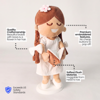BibleGirl is the adorable plush girl doll that speaks 36 Bible verses. Holds her Bible with magnets in her hands and in the Bible. Wholesome dress. Beautiful braids with bows and a flower in her hair. Perfect Easter gift idea for Christian girls. From Jesusdoll.com.
