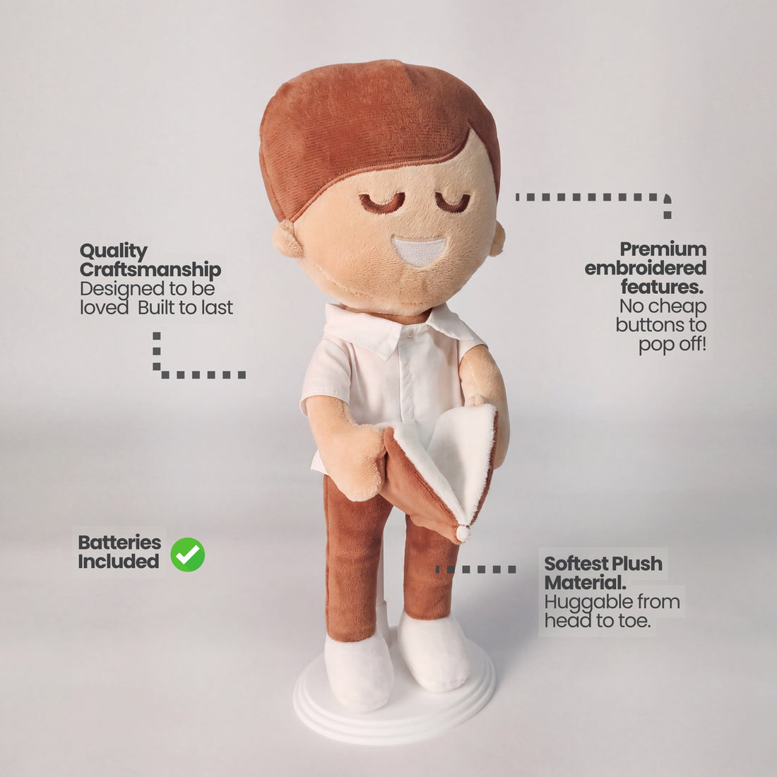 BibleBoy is the adorable plush boy doll that speaks 36 Bible verses.  Holds his Bible with magnets in his hands and in the Bible.  Wholesome dress.  Clean cut hairstyle.  Perfect baptism gift idea for Christian boys.  From Jesusdoll.com.