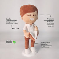 BibleBoy is the adorable plush boy doll that speaks 36 Bible verses.  Holds his Bible with magnets in his hands and in the Bible.  Wholesome dress.  Clean cut hairstyle.  Perfect baptism gift idea for Christian boys.  From Jesusdoll.com.