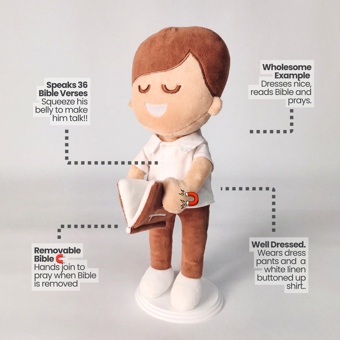 BibleBoy is the adorable plush boy doll that speaks 36 Bible verses.  Holds his Bible with magnets in his hands and in the Bible.  Wholesome dress.  Clean cut hairstyle.  Perfect Christmas gift idea for Christian boys.  From Jesusdoll.com.
