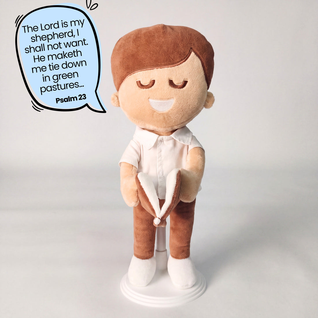 BibleBoy is the adorable plush boy doll that speaks 36 Bible verses.  Holds his Bible with magnets in his hands and in the Bible.  Wholesome dress.  Clean cut hairstyle.  Perfect gift idea for Christian boys.  From Jesusdoll.com.