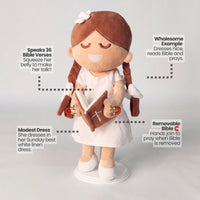 BibleGirl is the adorable plush girl doll that speaks 36 Bible verses.  Holds her Bible with magnets in her hands and in the Bible.  Wholesome dress.  Beautiful braids with bows and a flower in her hair.  Perfect birthday gift idea for Christian girls.  From Jesusdoll.com.