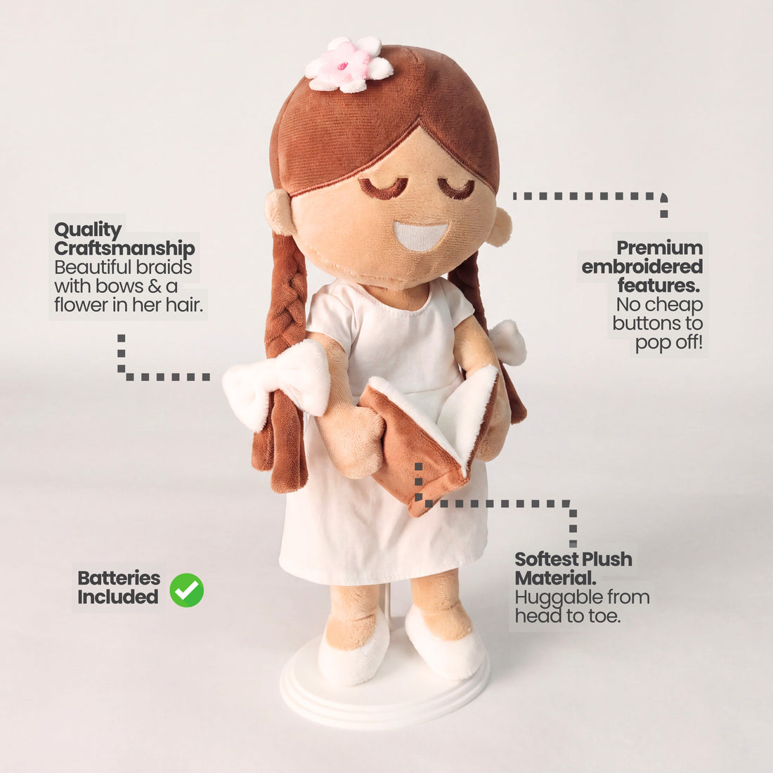 BibleGirl is the adorable plush girl doll that speaks 36 Bible verses.  Holds her Bible with magnets in her hands and in the Bible.  Wholesome dress.  Beautiful braids with bows and a flower in her hair.  Perfect Easter gift idea for Christian girls.  From Jesusdoll.com.
