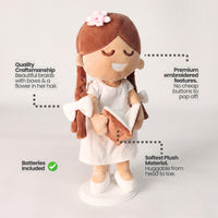 BibleGirl is the adorable plush girl doll that speaks 36 Bible verses.  Holds her Bible with magnets in her hands and in the Bible.  Wholesome dress.  Beautiful braids with bows and a flower in her hair.  Perfect Easter gift idea for Christian girls.  From Jesusdoll.com.