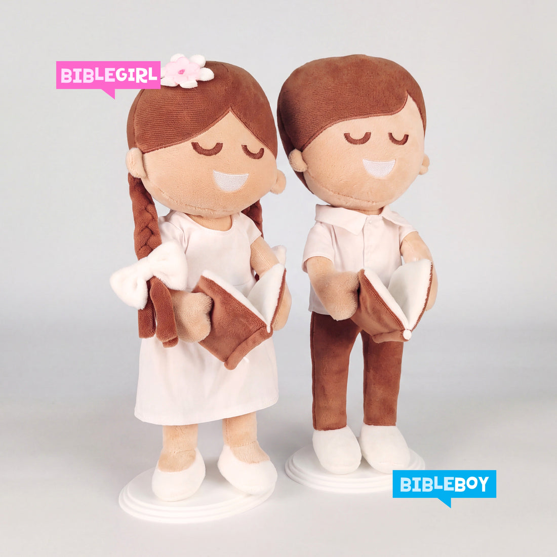 BibleGirl and BibleBoy - Traditional boy and girl dolls that each speak 36 Bible verses.  Perfect gift for Christian girls and boys.  From Jesusdoll.com.
