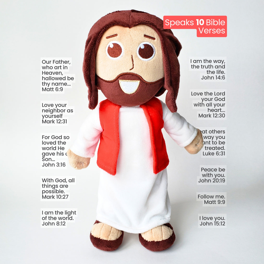 The Talking Jesus Doll - The 12" Plush Jesus Doll that speaks 10 phrases Jesus said in the Bible.  A great Bible verse memory tool.