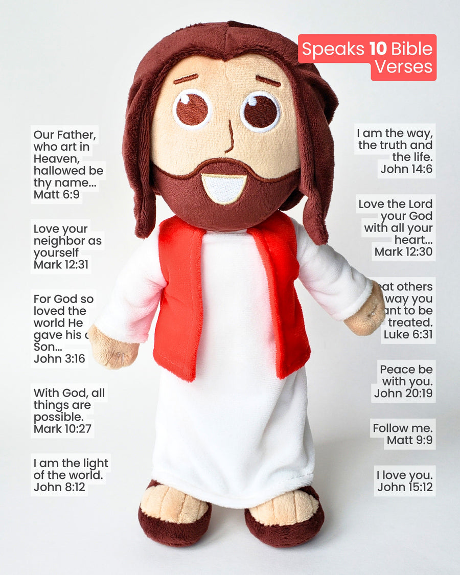 The Talking Jesus Doll - The 12" Plush Jesus Doll that speaks 10 phrases Jesus said in the Bible.  A great Bible verse memory tool.