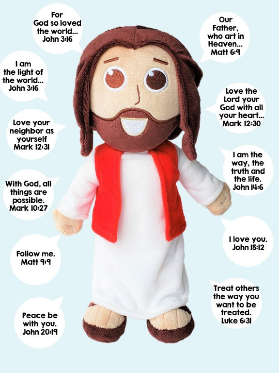 The Talking Jesus Doll beautiful 12" plush Jesus toy that talks.  Speaks Bible verses from the Lord's prayer to John 3:16.  Perfect gift idea for Easter, Birthdays, Baptisms, Confirmation, Christenings, and Christmas.  Great Catholic toy gift idea.  Great religious toy gift idea..  Give the eternal gift of Jesus. 