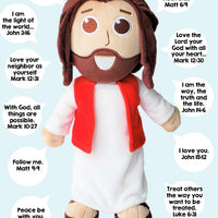 The Talking Jesus Doll beautiful 12" plush Jesus toy that talks.  Speaks Bible verses from the Lord's prayer to John 3:16.  Perfect gift idea for Easter, Birthdays, Baptisms, Confirmation, Christenings, and Christmas.  Great Catholic toy gift idea.  Great religious toy gift idea..  Give the eternal gift of Jesus. 